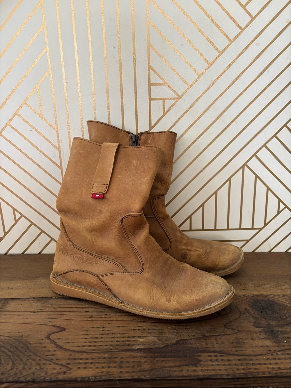 Women's Tan Leather Ankle Booties with Side Zip